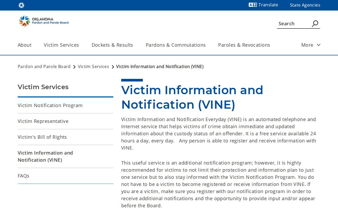 Oklahoma parole notification limits for a Garfield County VINELink release check